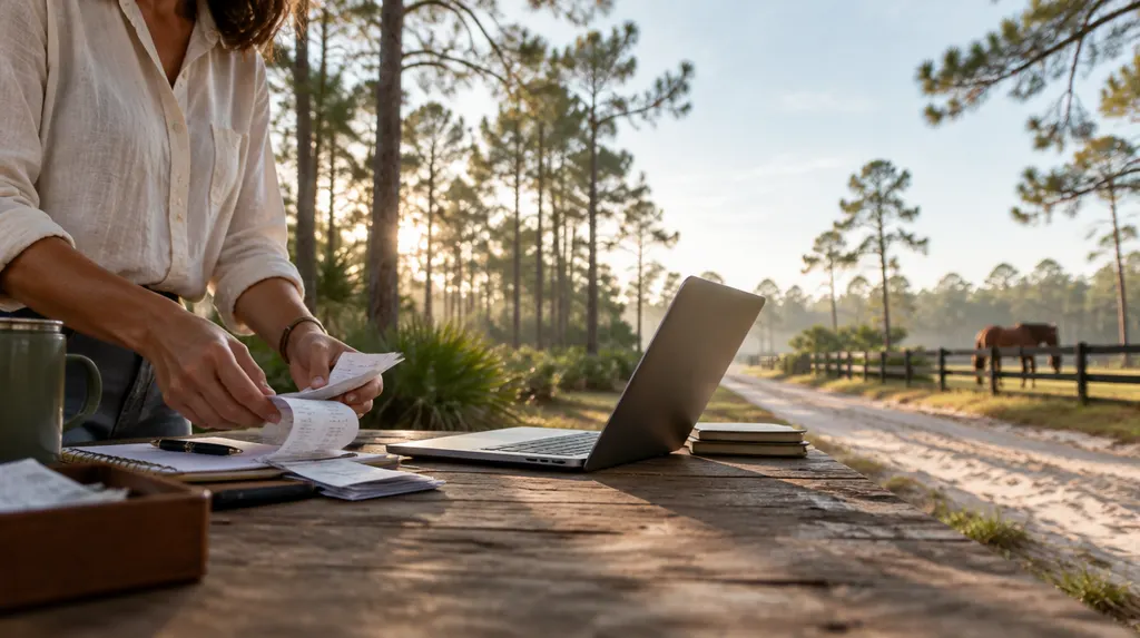 A bookkeeper organizing receipts and a laptop in North Augusta, SC