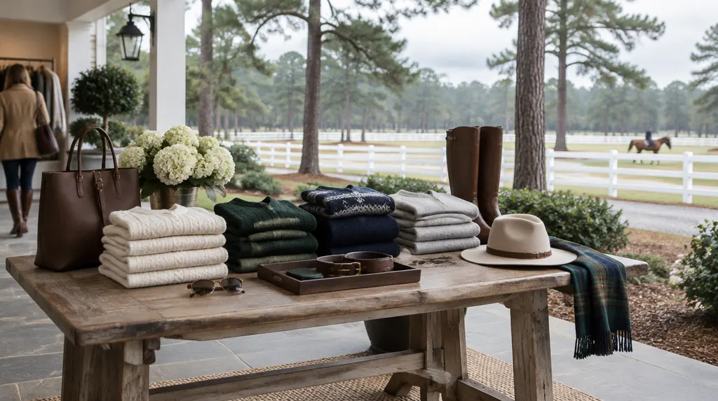 Folded sweaters and accessories on a boutique table in North Augusta, SC