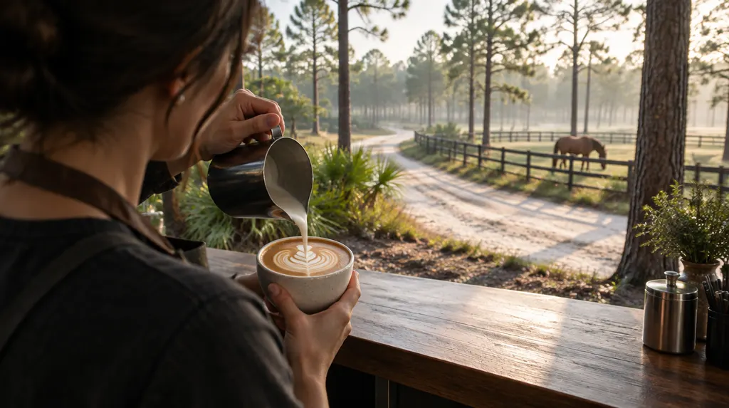 A barista pouring latte art in North Augusta, SC