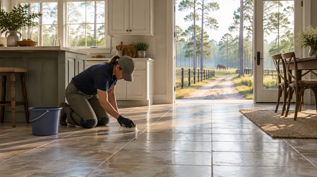 A technician cleaning tile grout on a kitchen floor in North Augusta, SC