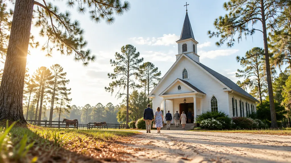 A welcoming white church on a sunny Sunday morning in North Augusta, SC