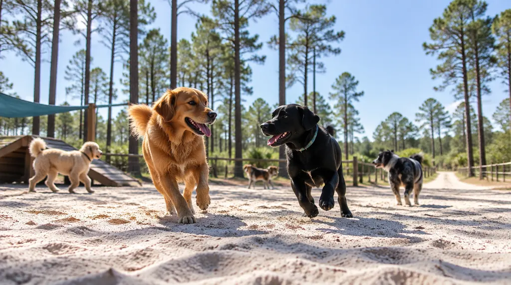 Dogs playing in a doggy daycare play area in North Augusta, SC