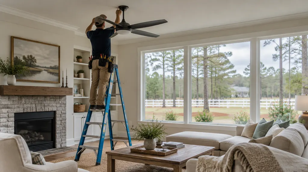 An electrician hanging a modern ceiling fan in a living room in North Augusta, SC