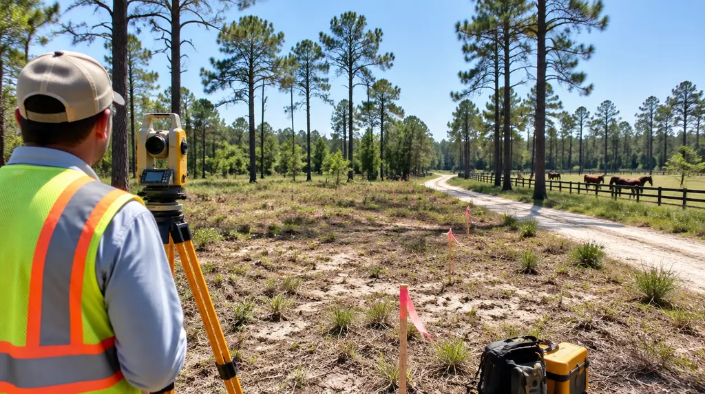 Survey stakes and equipment on a new lot in North Augusta, SC