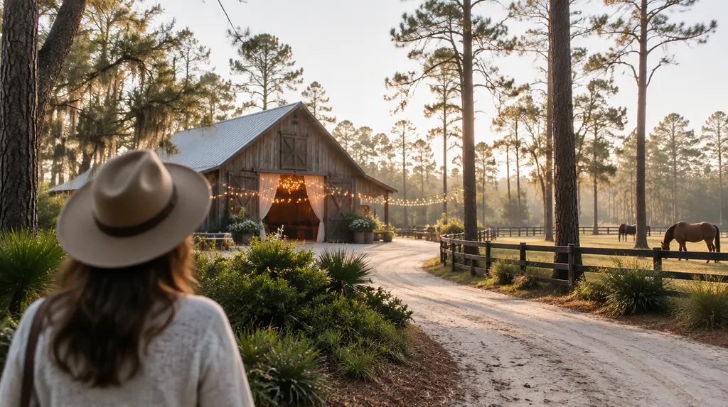 A rustic barn venue with string lights in North Augusta, SC