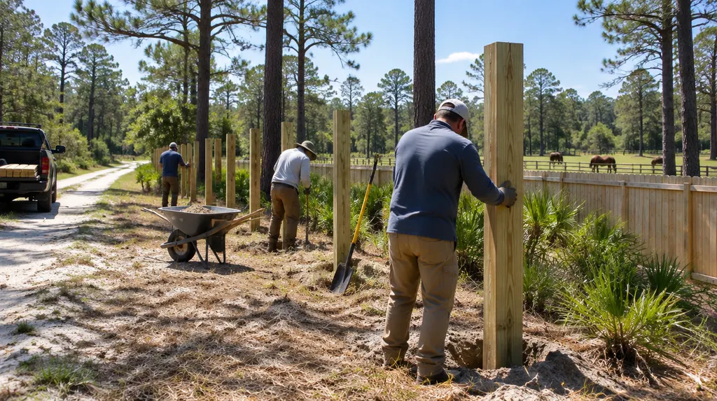 A crew setting posts for a new wood privacy fence in North Augusta, SC