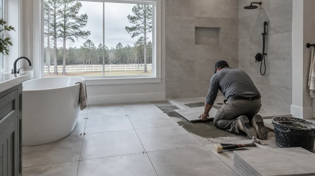 A tile setter placing large tiles in a bathroom in North Augusta, SC