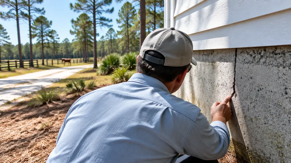 A specialist examining a crack in a foundation wall in North Augusta, SC