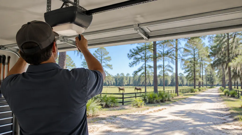 A technician adjusting a garage door opener on the ceiling in North Augusta, SC