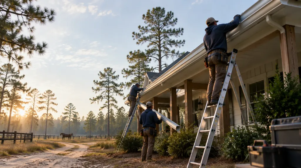 A crew installing seamless gutters on a house in North Augusta, SC