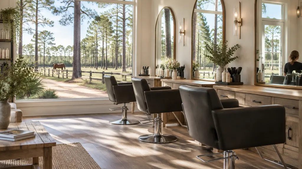 A stylish hair salon with chairs and mirrors in North Augusta, SC