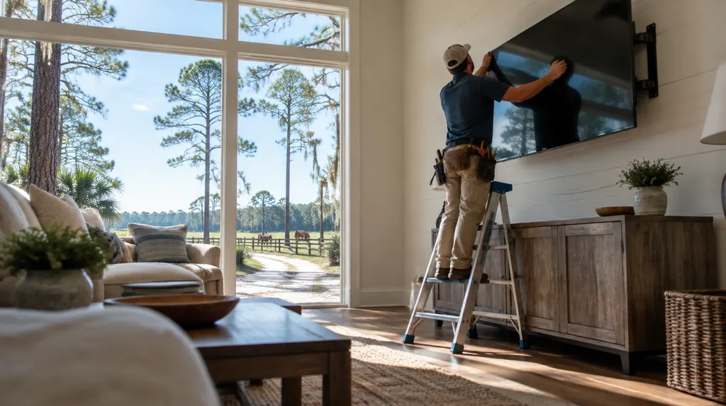 A handyman mounting a TV on a living room wall in North Augusta, SC