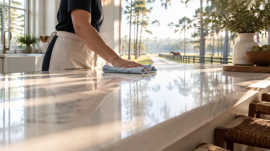 A house cleaner wiping a bright kitchen island in North Augusta, SC