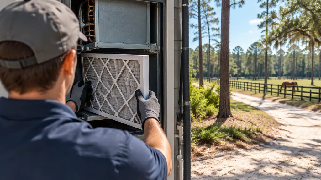 A technician replacing an air filter in an indoor air handler in North Augusta, SC