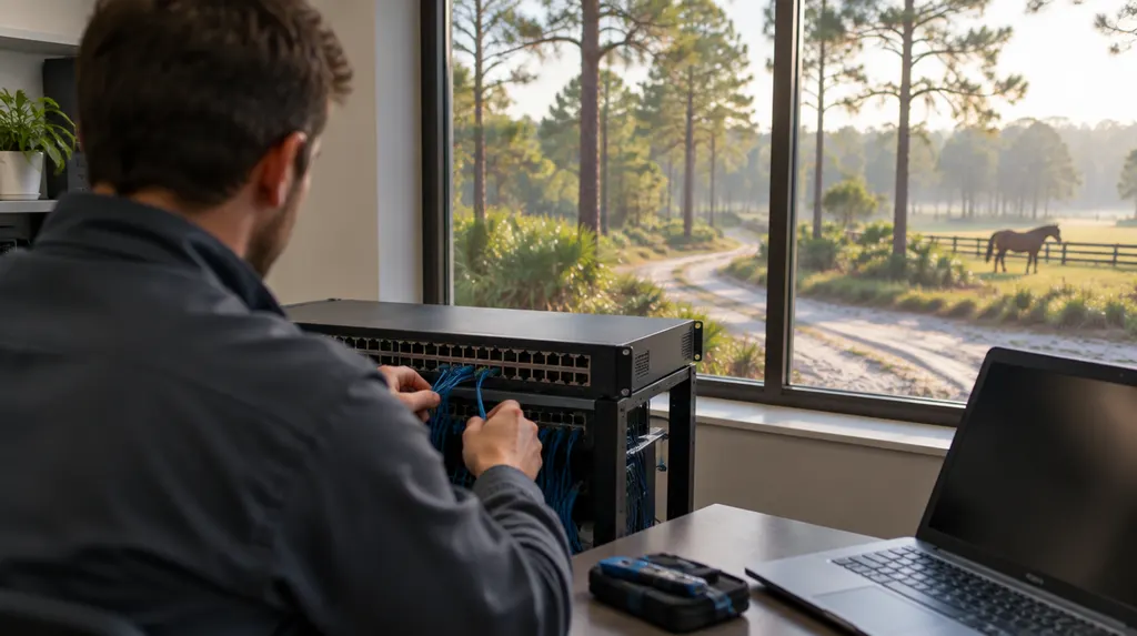 A technician setting up a network switch in an office in North Augusta, SC