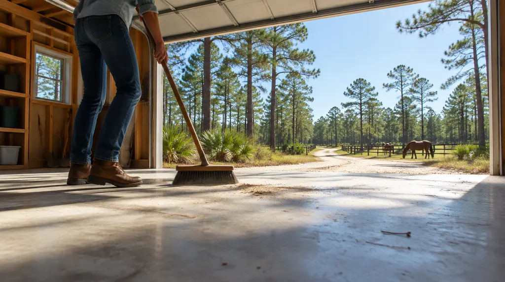 A cleared-out garage being swept in North Augusta, SC