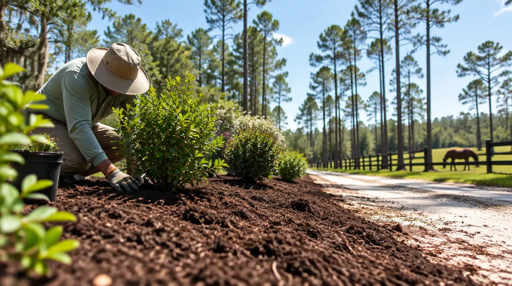 A landscaper planting shrubs in a fresh mulch bed in North Augusta, SC