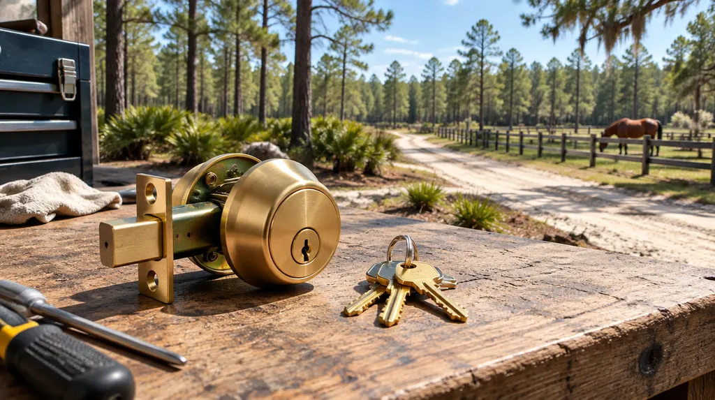 A new brass deadbolt lock and a set of keys on a locksmith’s workbench in North Augusta, SC