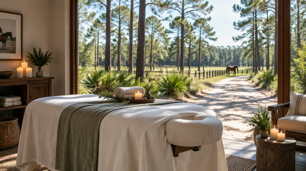 A calm massage room with a draped table and candles in North Augusta, SC