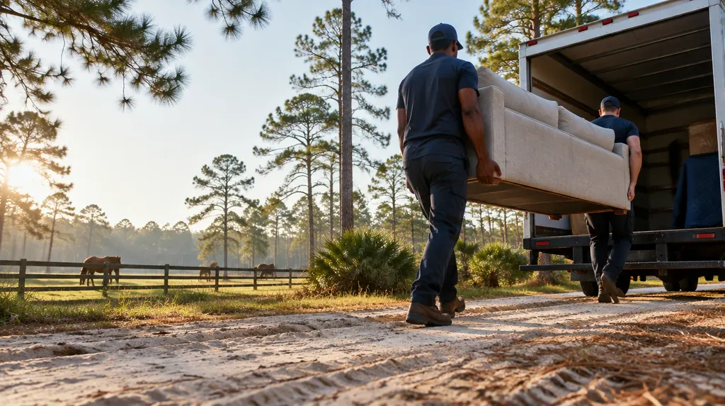 Movers carrying a sofa into a moving truck in North Augusta, SC