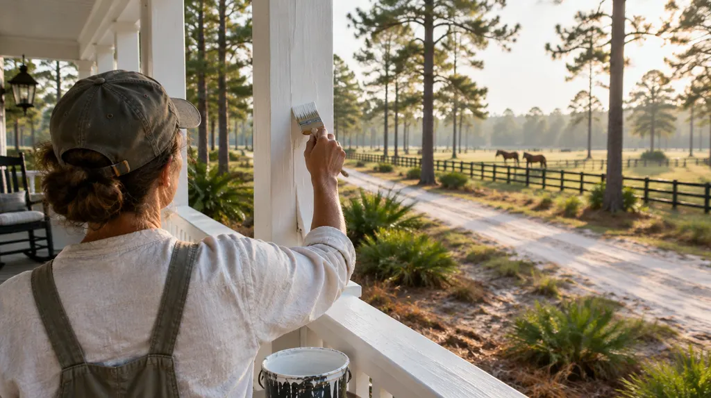 A painter brushing white trim on a porch in North Augusta, SC