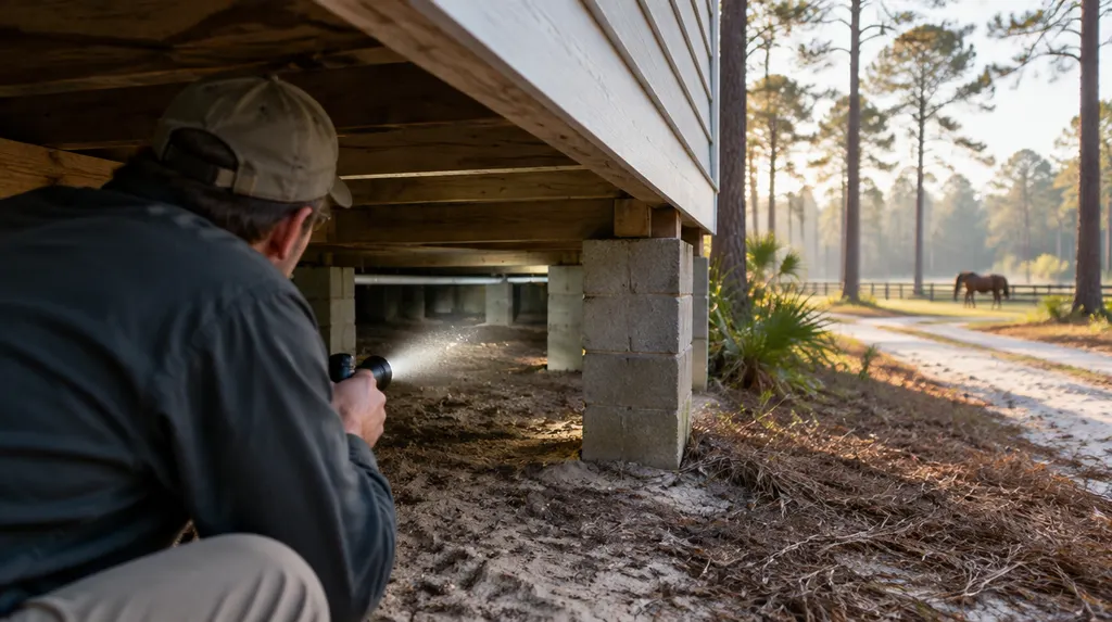 A technician inspecting a crawl space with a flashlight in North Augusta, SC