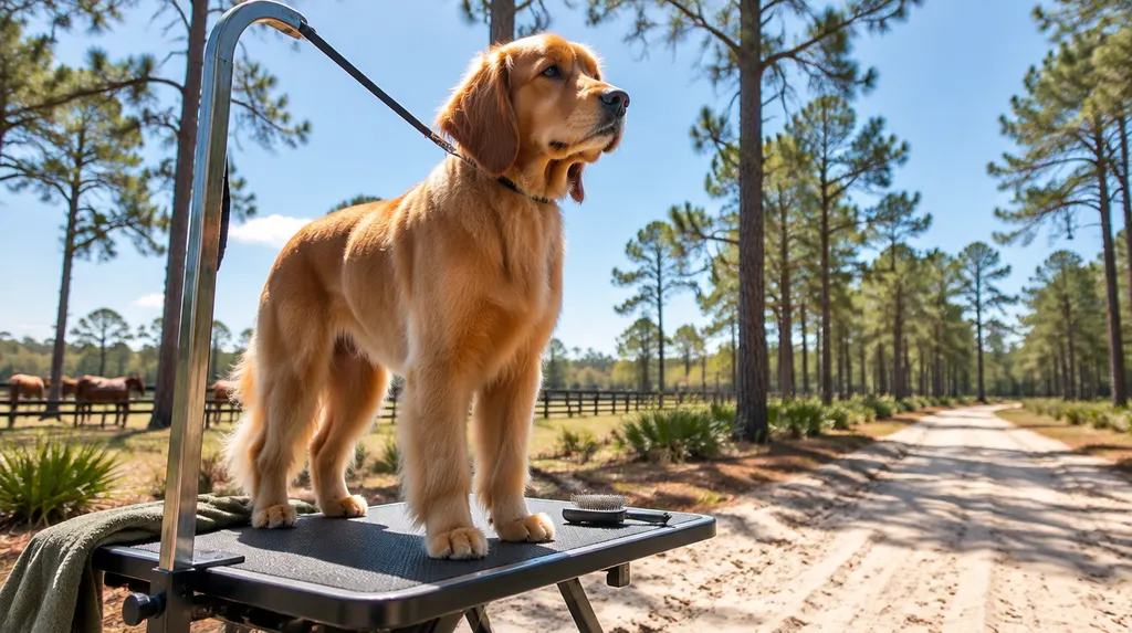 A freshly groomed dog on a grooming table in North Augusta, SC
