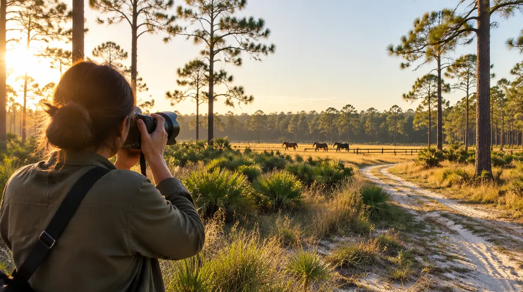 A photographer holding a camera at a golden-hour field in North Augusta, SC