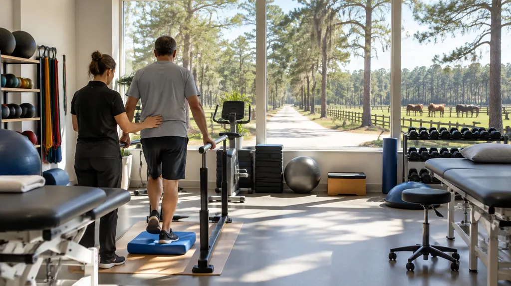 A physical therapy gym with equipment in North Augusta, SC