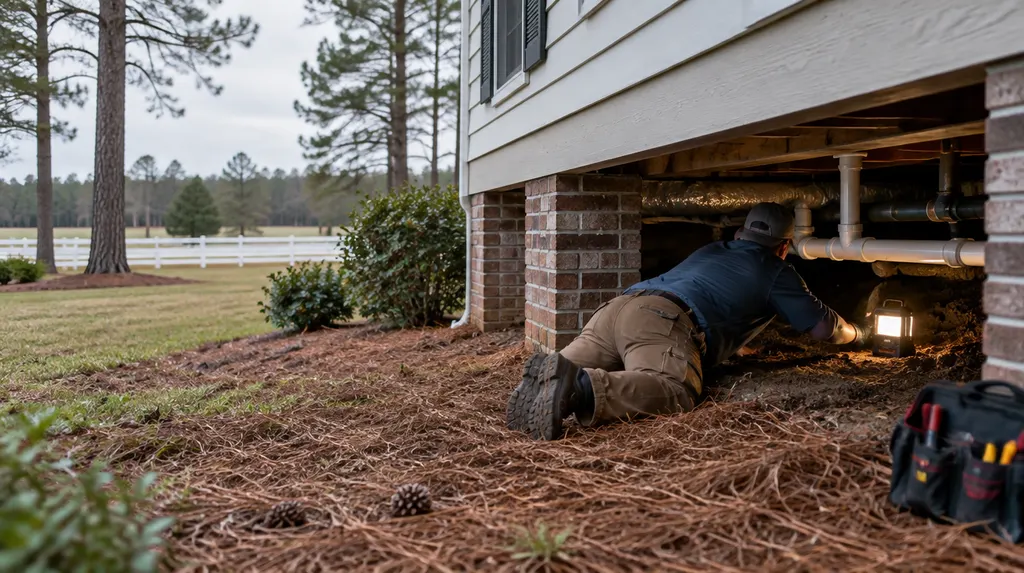 A plumber checking pipes in a crawl space with a work light in North Augusta, SC