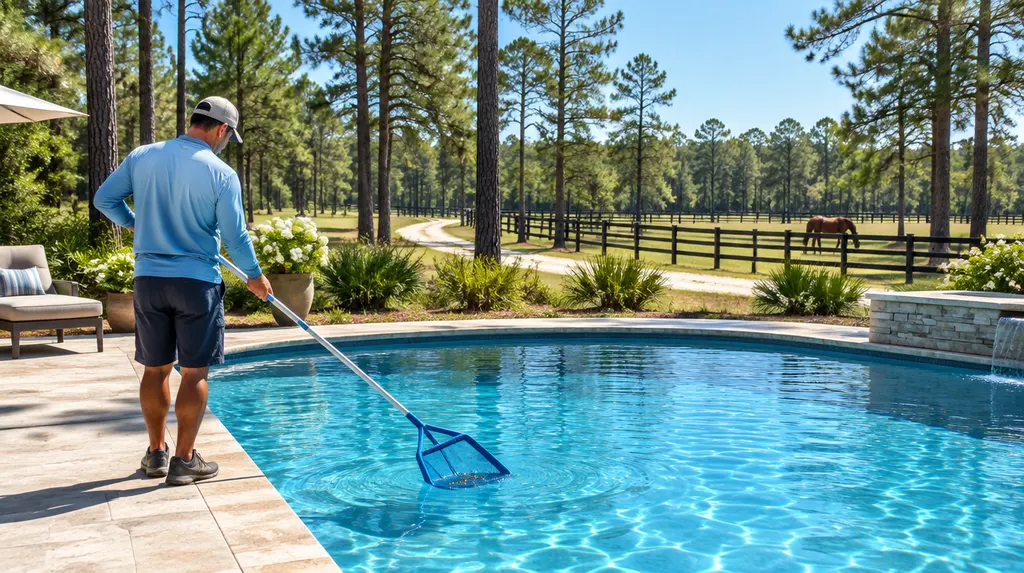 A pool technician skimming a sparkling backyard pool in North Augusta, SC