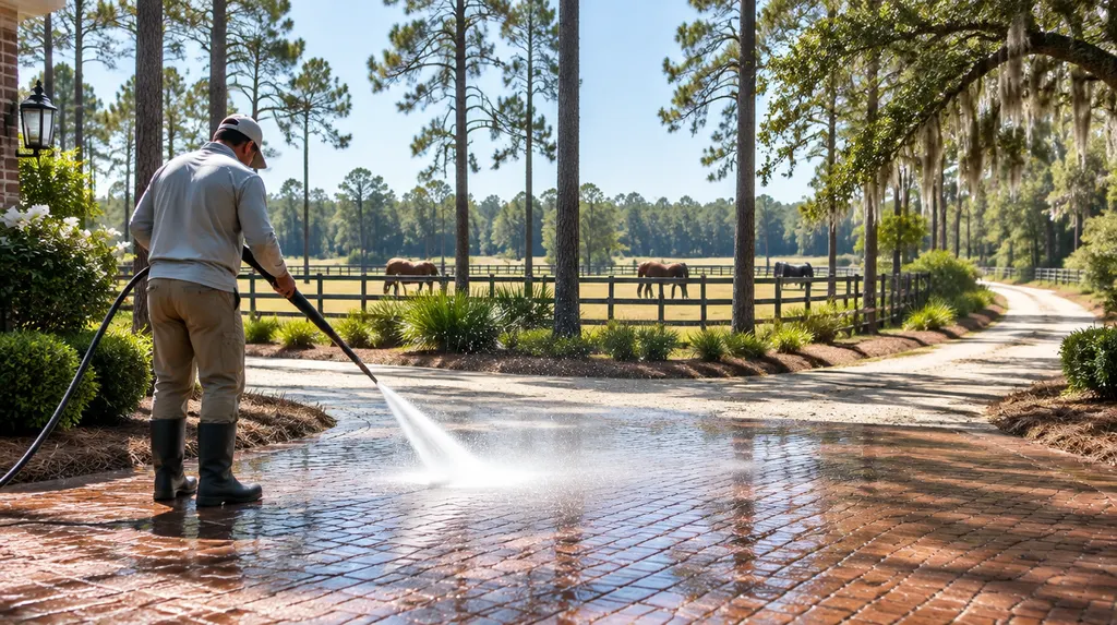 Pressure washing a brick driveway with sparkling spray in North Augusta, SC