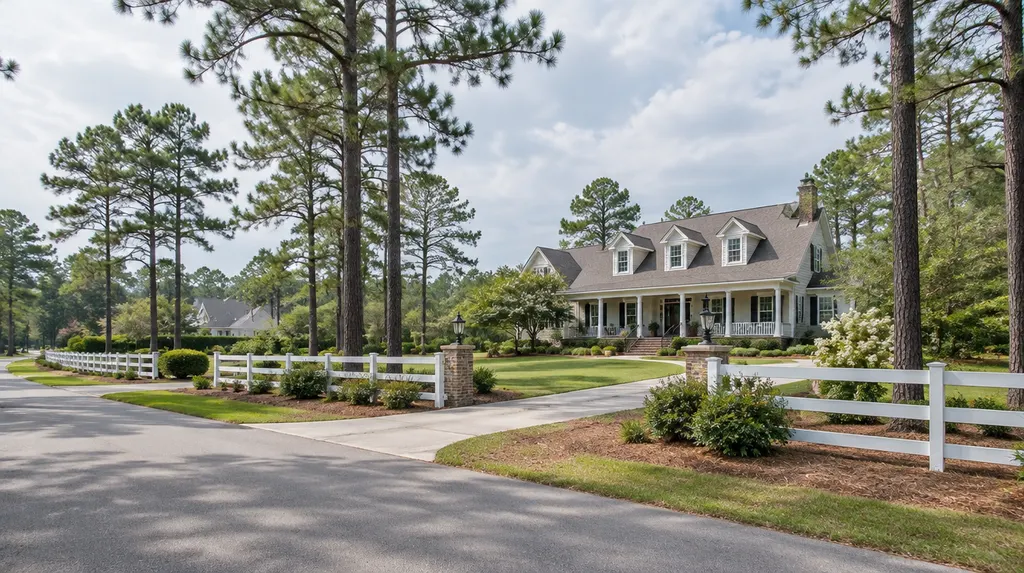 A for-sale home exterior on a sunny street with no sign text in North Augusta, SC