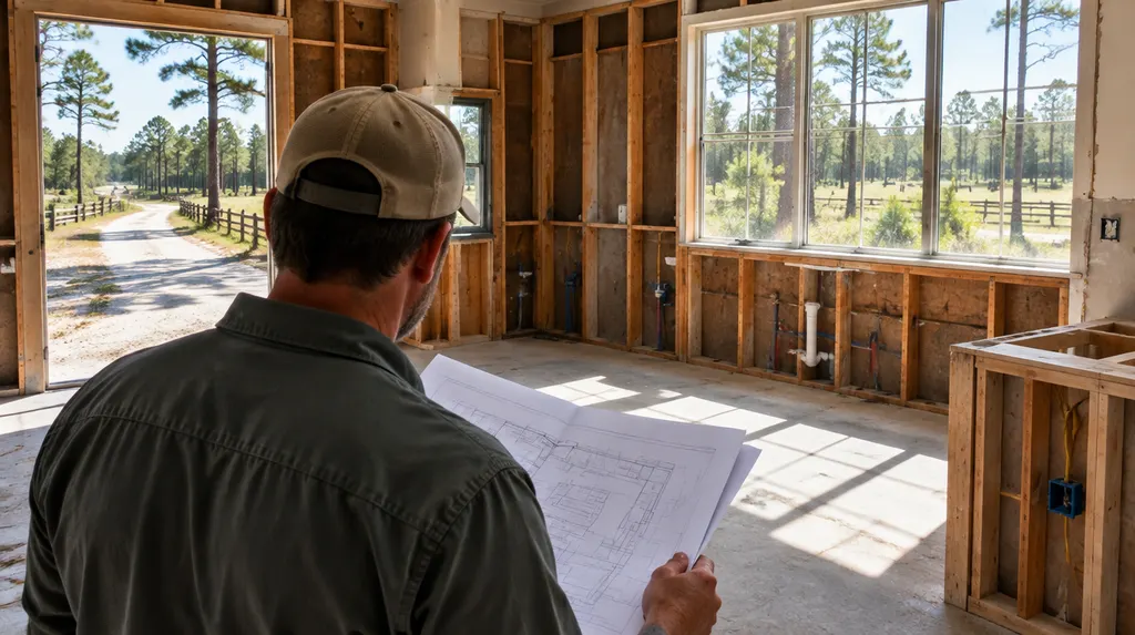 A contractor reviewing plans in a gutted kitchen in North Augusta, SC