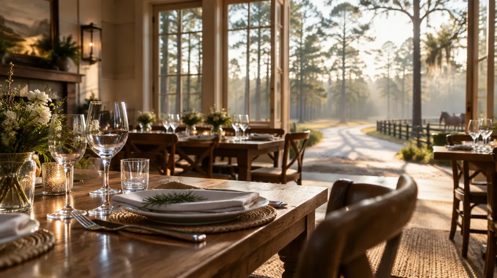 A cozy restaurant dining room with set tables in North Augusta, SC