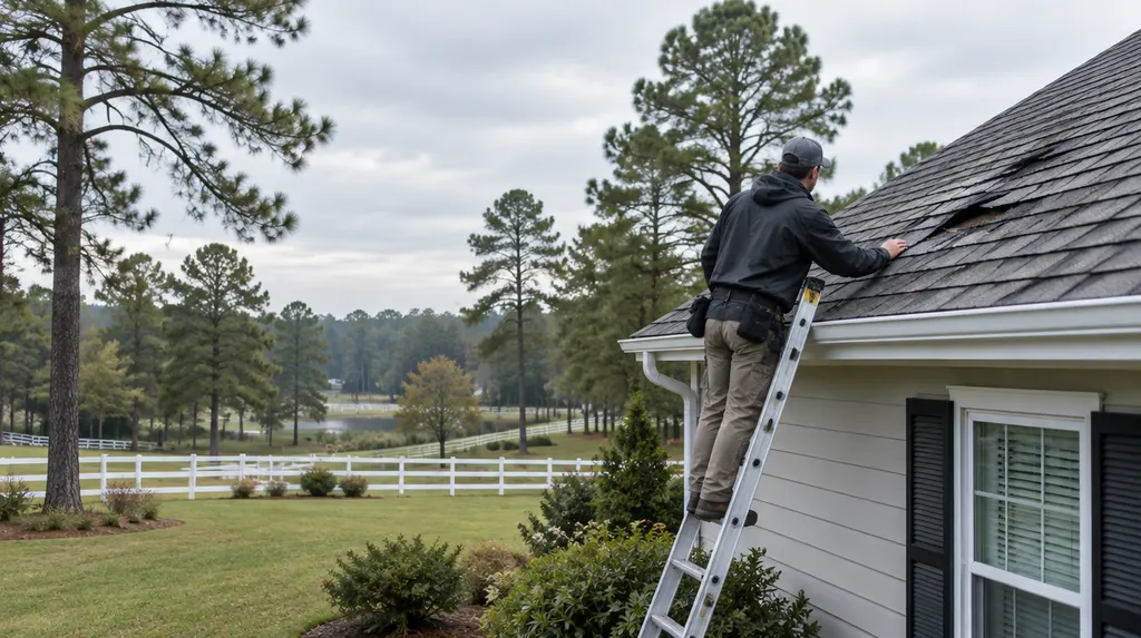 A roofer inspecting storm-damaged shingles from a ladder in North Augusta, SC