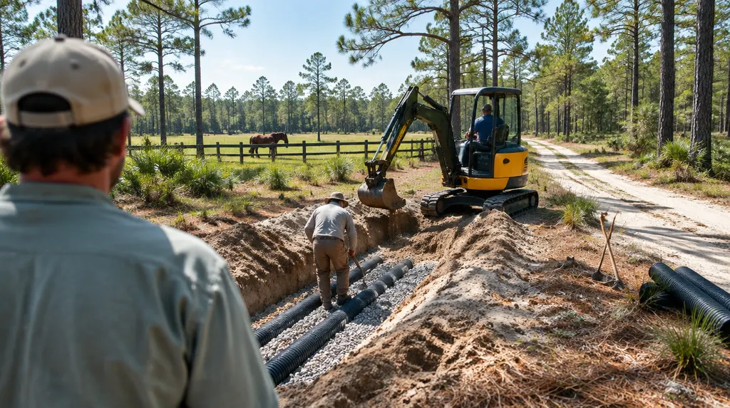 A crew repairing a drain field with a small excavator in North Augusta, SC