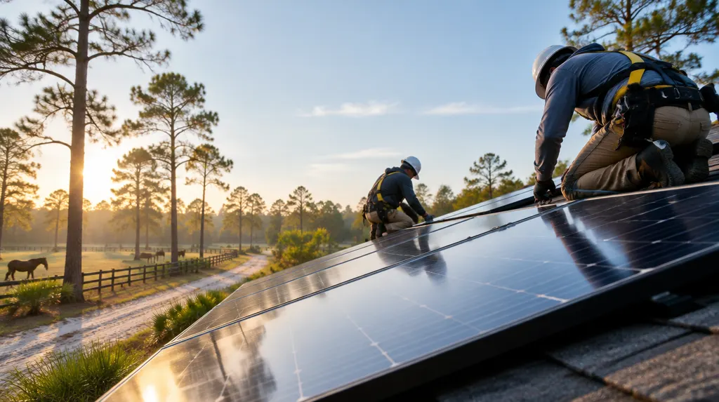 Installers mounting solar panels on a sunny roof in North Augusta, SC