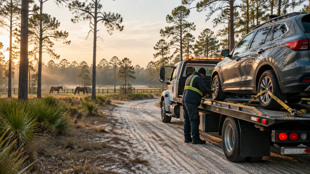 A tow truck driver securing a vehicle with straps in North Augusta, SC