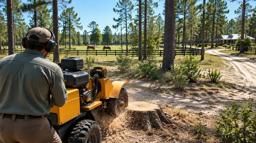 A stump grinder working in a sunny backyard in North Augusta, SC