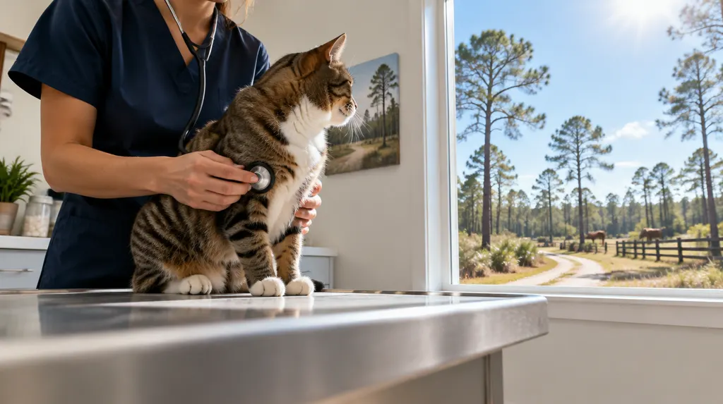A vet checking a cat in a bright clinic in North Augusta, SC