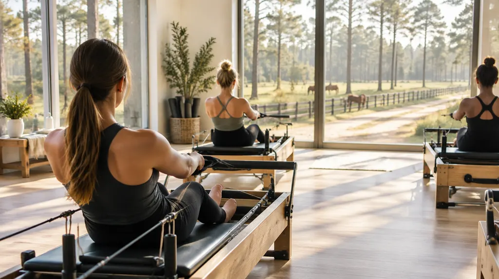 Pilates reformer machines in a bright studio in North Augusta, SC