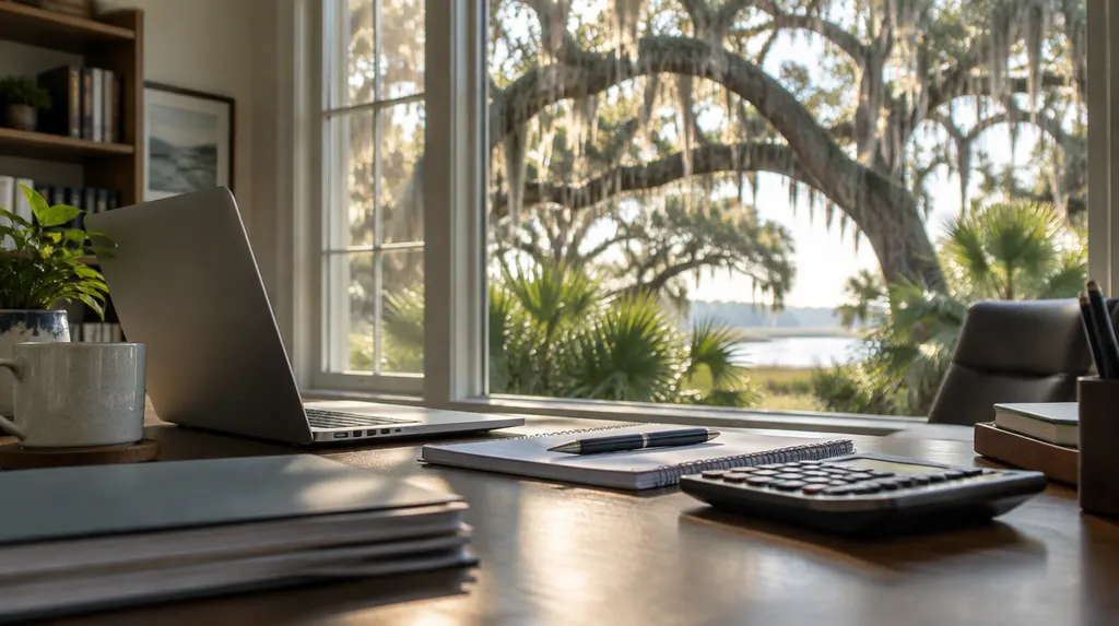 A tidy accounting office with a laptop and calculator in North Charleston, SC