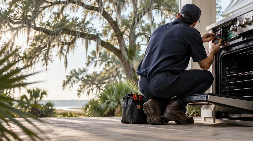 A repair tech testing an oven control panel in North Charleston, SC
