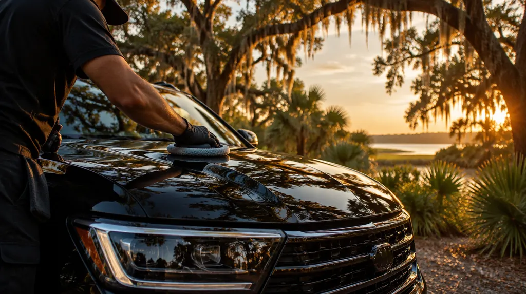 A detailer polishing the glossy hood of a dark SUV in North Charleston, SC
