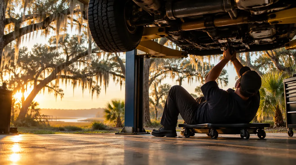 A mechanic working under a car on a lift in North Charleston, SC