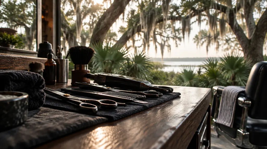 Barber tools laid out on a counter in North Charleston, SC