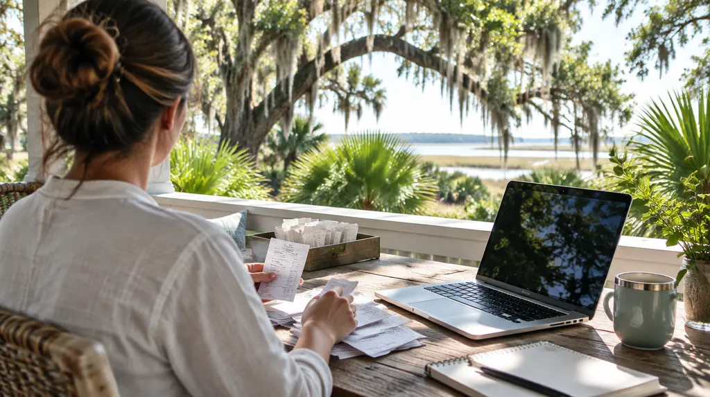 A bookkeeper organizing receipts and a laptop in North Charleston, SC