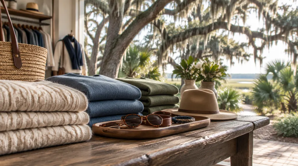 Folded sweaters and accessories on a boutique table in North Charleston, SC