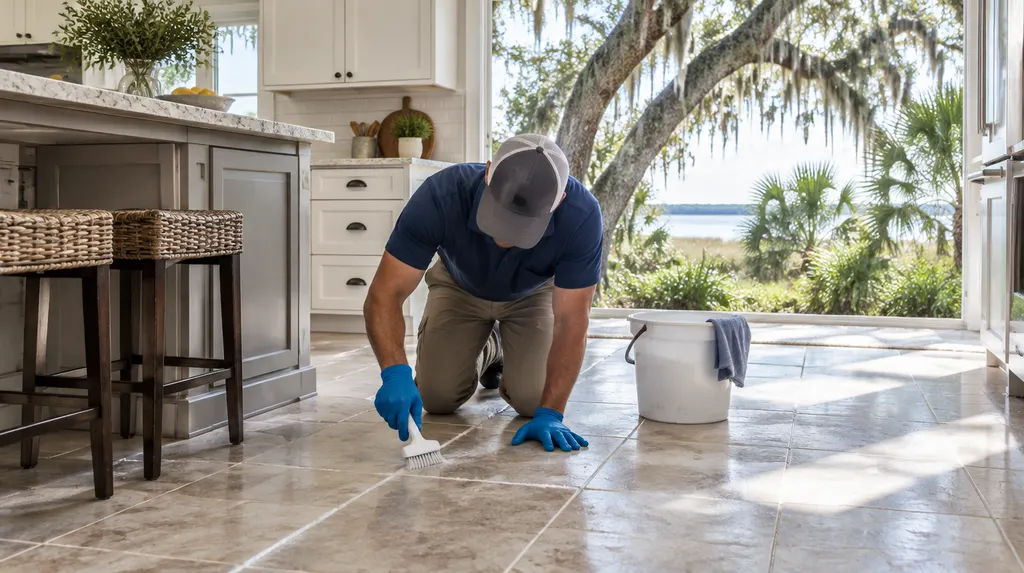 A technician cleaning tile grout on a kitchen floor in North Charleston, SC
